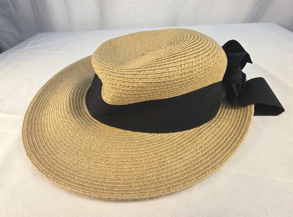 Scala Sun Hat Women's Small Woven Tan With Black Ribbon Handmade Paper Beach Fun
